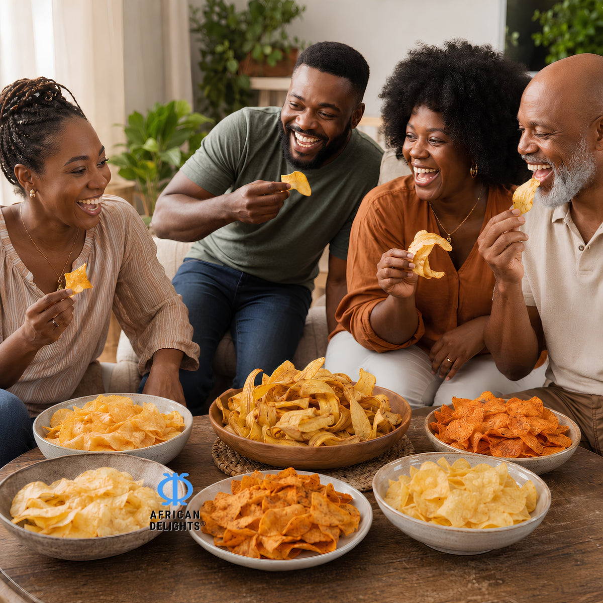 Friends enjoying African Delights crisps, snacking on the go