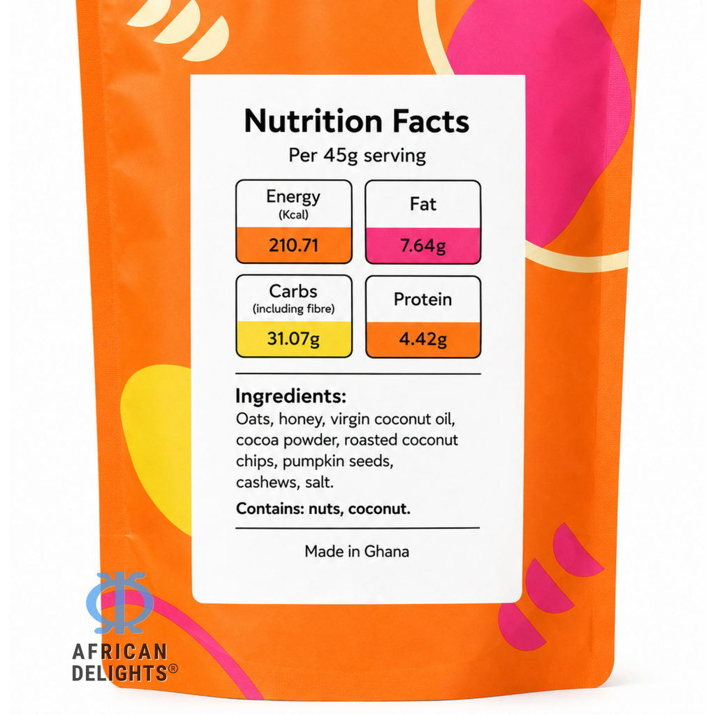 African Delights Ghanola 750g ingredients and nutrition facts # Flavor_Ghanola # Size_750g