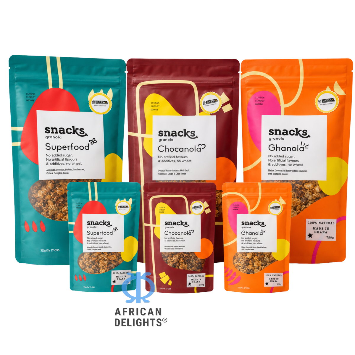 African Delights granola family, all 3 flavors and both sizes