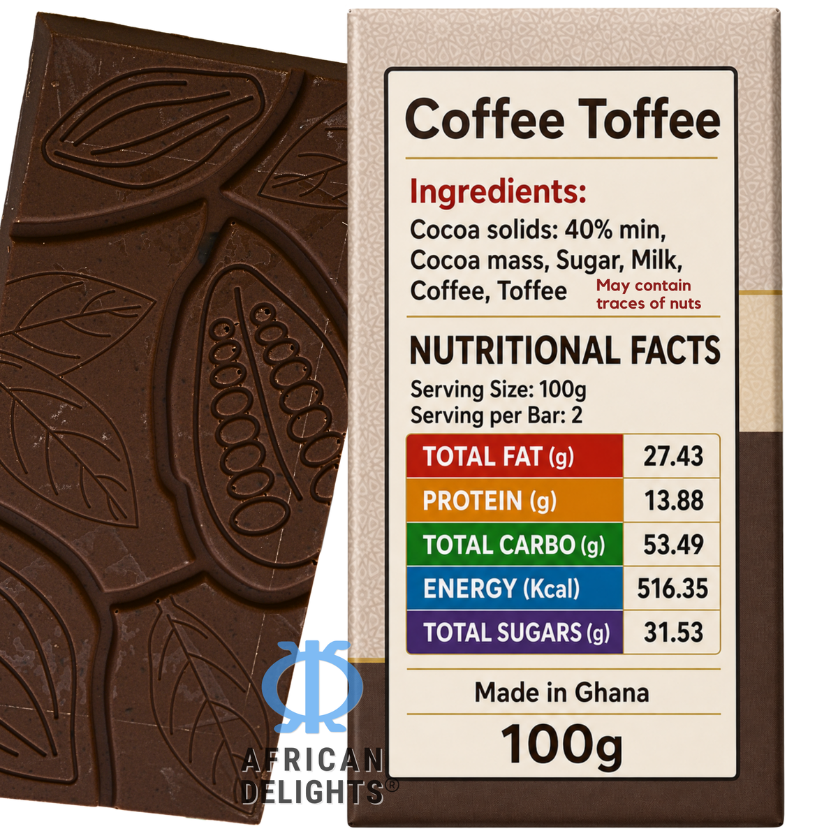 Amonu Coffee Toffee (100g) ingredients and nutrition # Size_100 g bars # Type_Regular # Flavor_Coffee Toffee