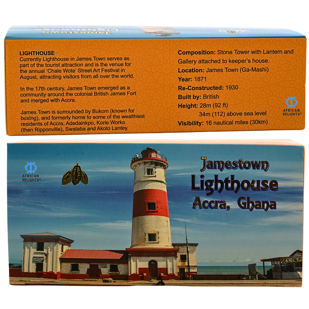 Amonu Jamestown Lighthouse (20 x 20g) Ghana gift box story # Size_Chocolate box 20 x 20 g # Type_Regular # Flavor_Jamestown Lighthouse