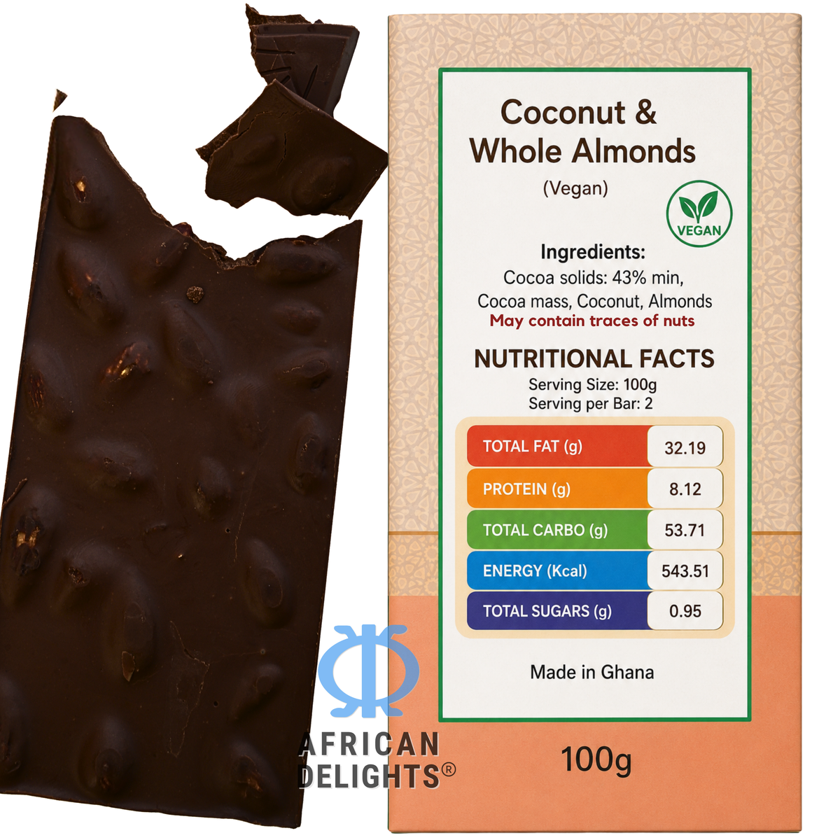 Amonu Coconut & Whole Almonds Vegan (100g) ingredients and nutrition # Size_100 g bars # Type_Vegan # Flavor_Coconut & Whole Almonds Vegan