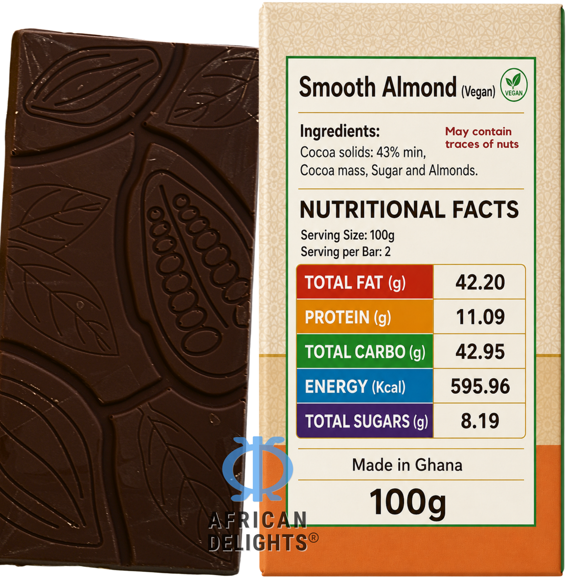 Amonu Smooth Almond Vegan (100g) ingredients and nutrition # Size_100 g bars # Type_Vegan # Flavor_Smooth Almond Vegan