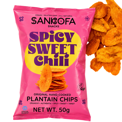 Sankofa Snacks Spicy Sweet Chili Plantain Chips 50g — Wholesale 12-Bag Pack