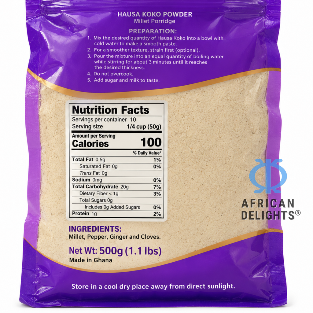 Hausa Koko Porridge Mix, Spicy ingredients label